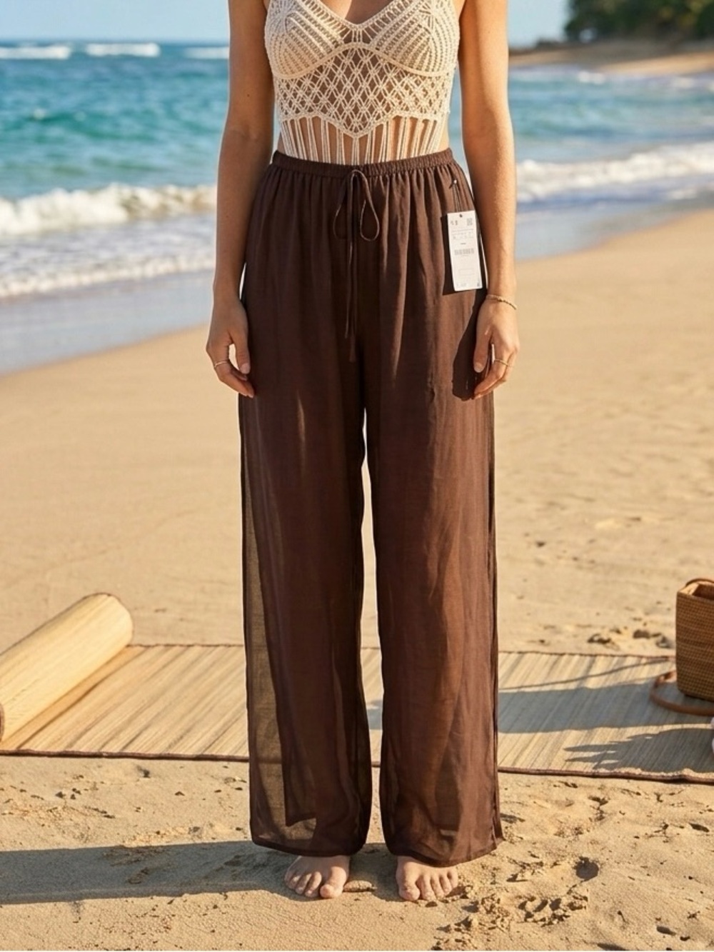 Zara Brown Wide-Leg Drawstring Beach Pants